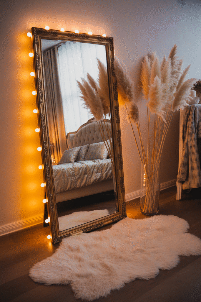 Full-length gold mirror reflecting soft bedroom lighting and plush bed textures.