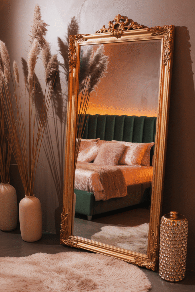 Full-length gold mirror reflecting soft bedroom lighting and plush bed textures.