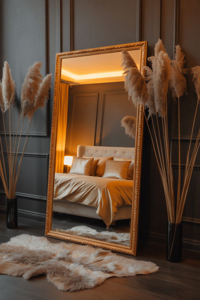 Full-length gold mirror reflecting soft bedroom lighting and plush bed textures.