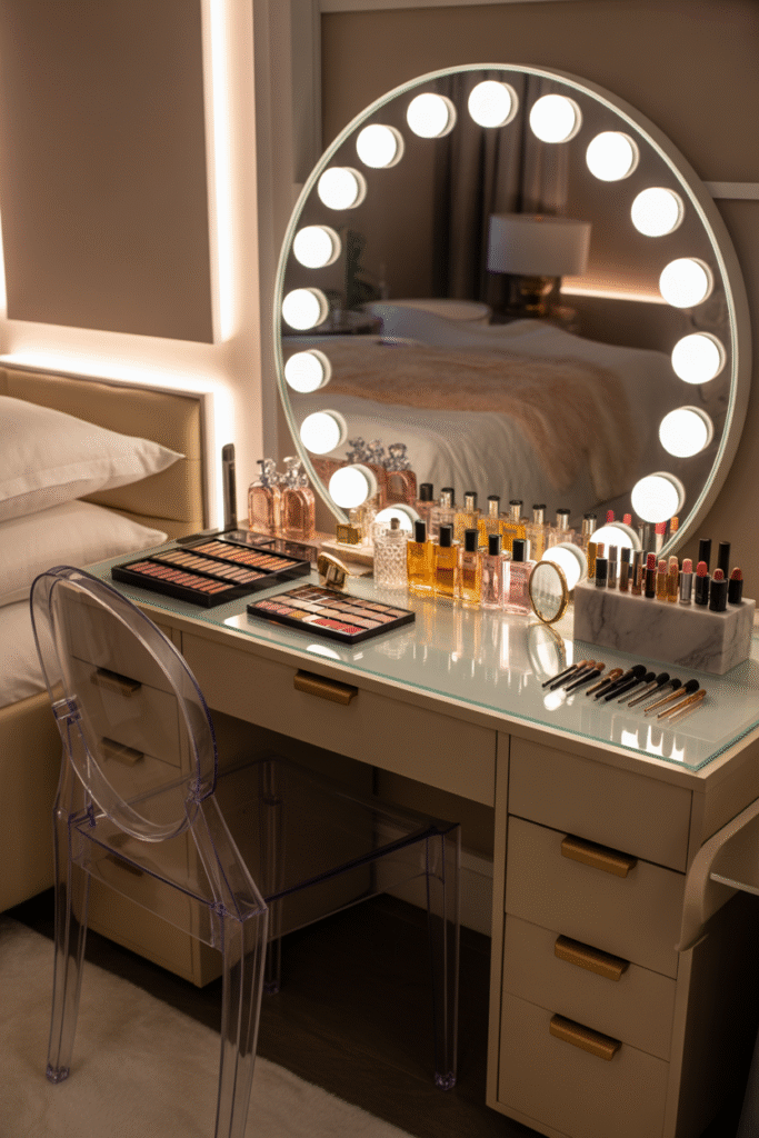 Modern vanity setup with ring light mirror and gold-accented makeup organization.
