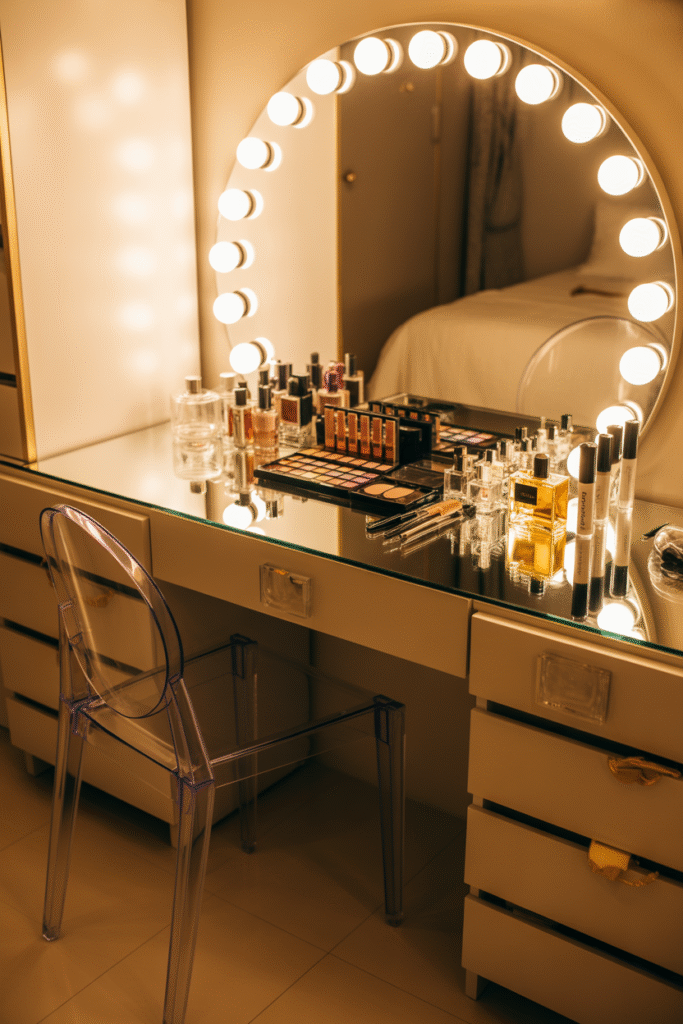 Modern vanity setup with ring light mirror and gold-accented makeup organization.