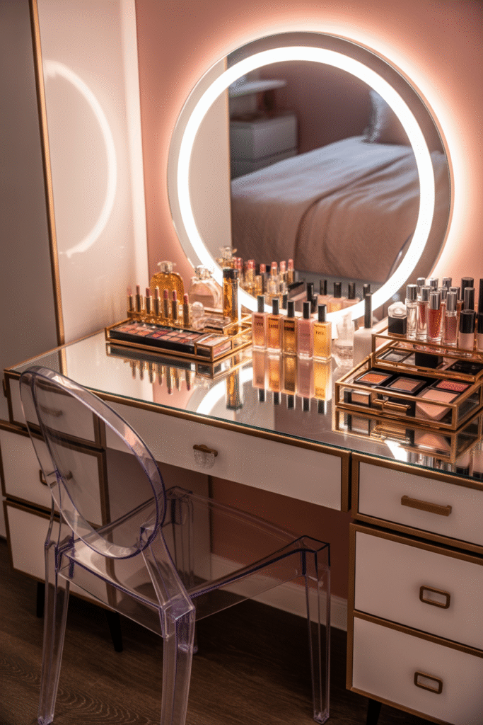 Modern vanity setup with ring light mirror and gold-accented makeup organization.