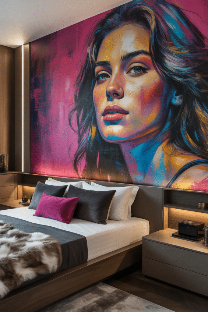 Bedroom wall with an oversized art in bold colors.