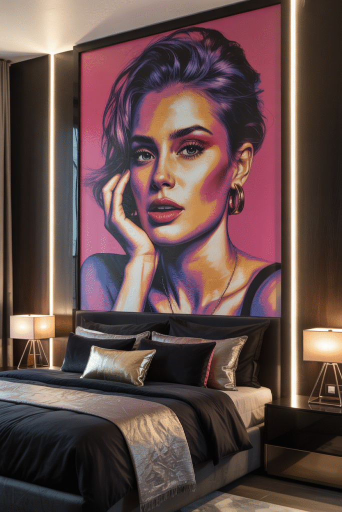 Bedroom wall with an oversized art in bold colors.