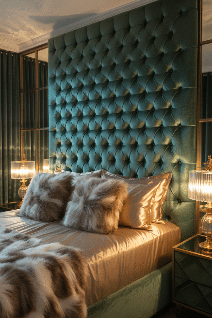 Bedroom with curved champagne velvet headboard and soft layered bedding.
