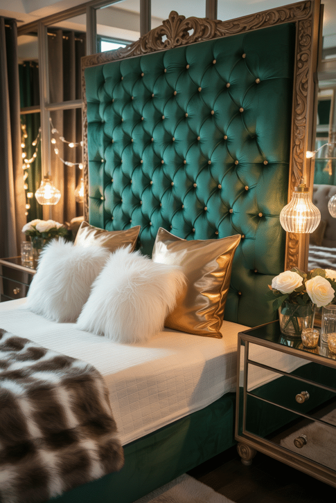 Bedroom with curved champagne velvet headboard and soft layered bedding.