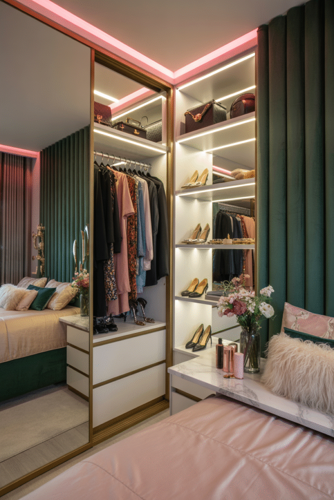 Organized bedroom wardrobe with neatly arranged bags, shoes and hanging linen.