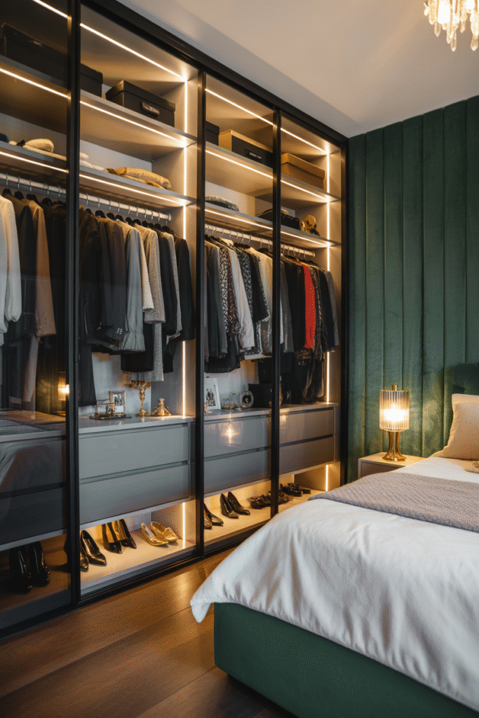 Organized bedroom wardrobe with neatly arranged bags, shoes and hanging linen.