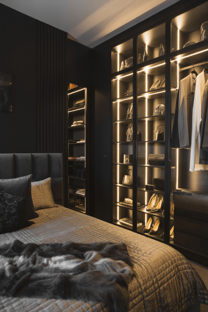 Organized bedroom wardrobe with neatly arranged bags, shoes and hanging linen.