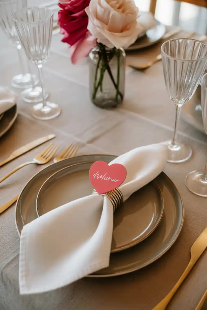 Place setting valentine table decor ideas with chargers and folded napkins