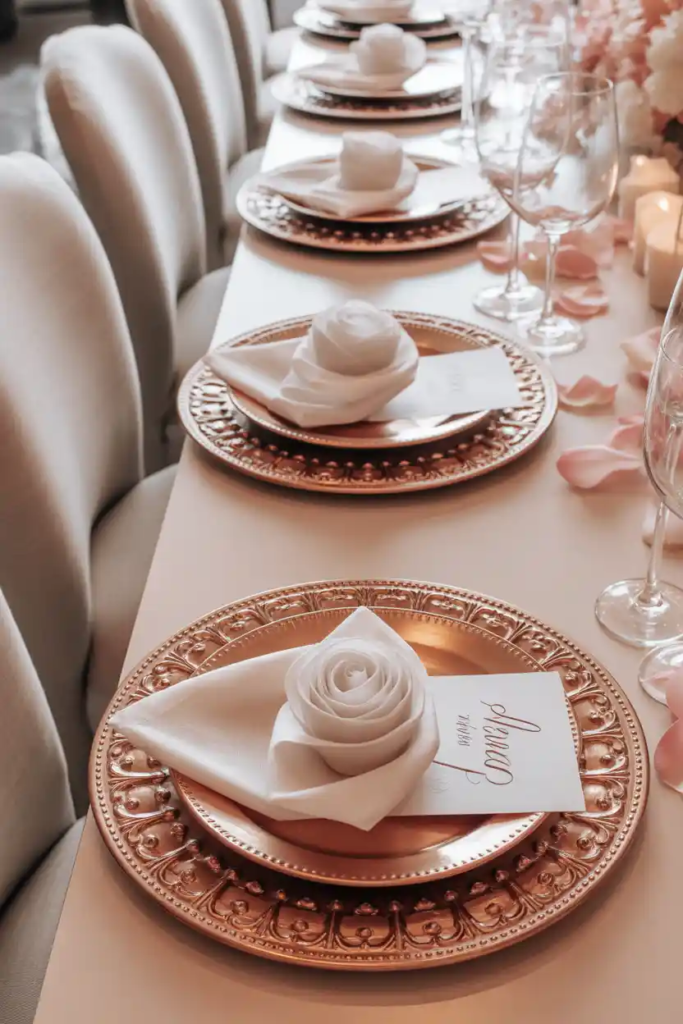 Place setting valentine table decor ideas with chargers and folded napkins