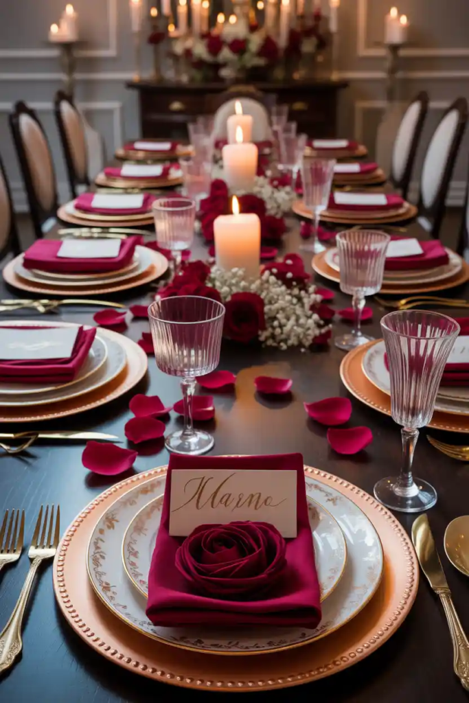 Place setting valentine table decor ideas with chargers and folded napkins