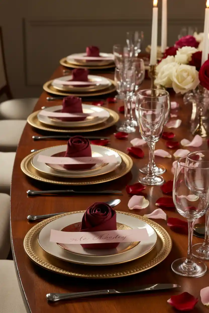 Place setting valentine table decor ideas with chargers and folded napkins