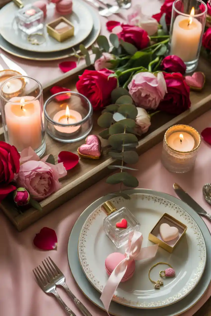 Tray based valentine table decor ideas with organized centerpiece styling