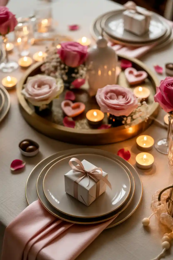 Tray based valentine table decor ideas with organized centerpiece styling