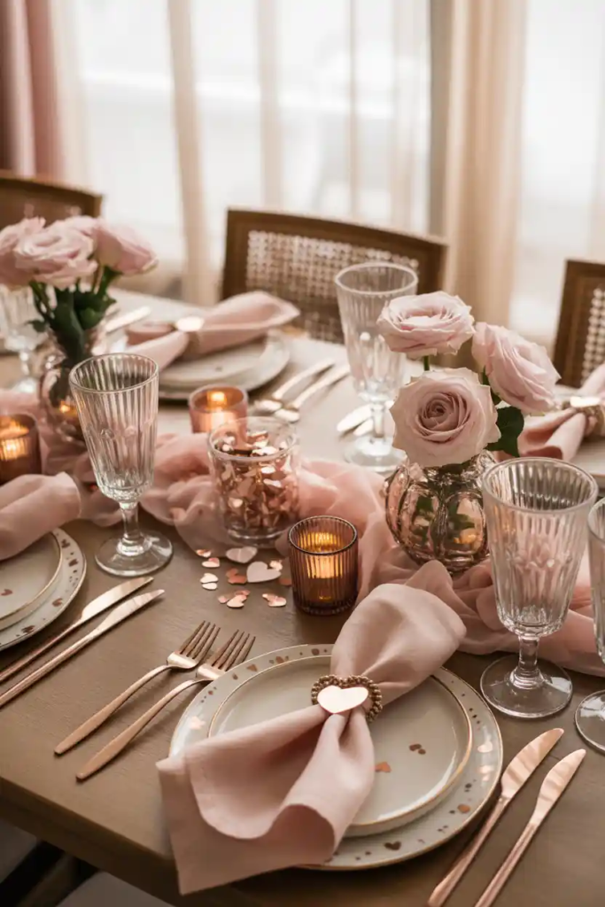 Heart accent valentine table decor ideas with subtle romantic details