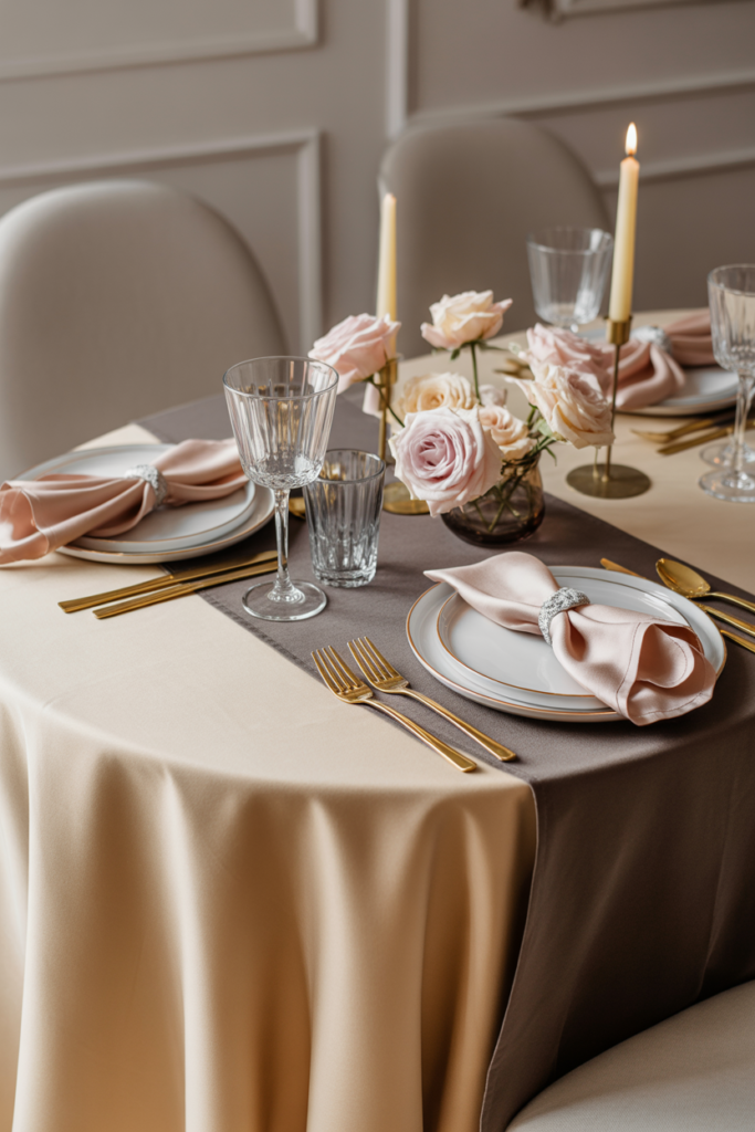 Layered linen valentine table decor with fabric napkins and elegant table styling