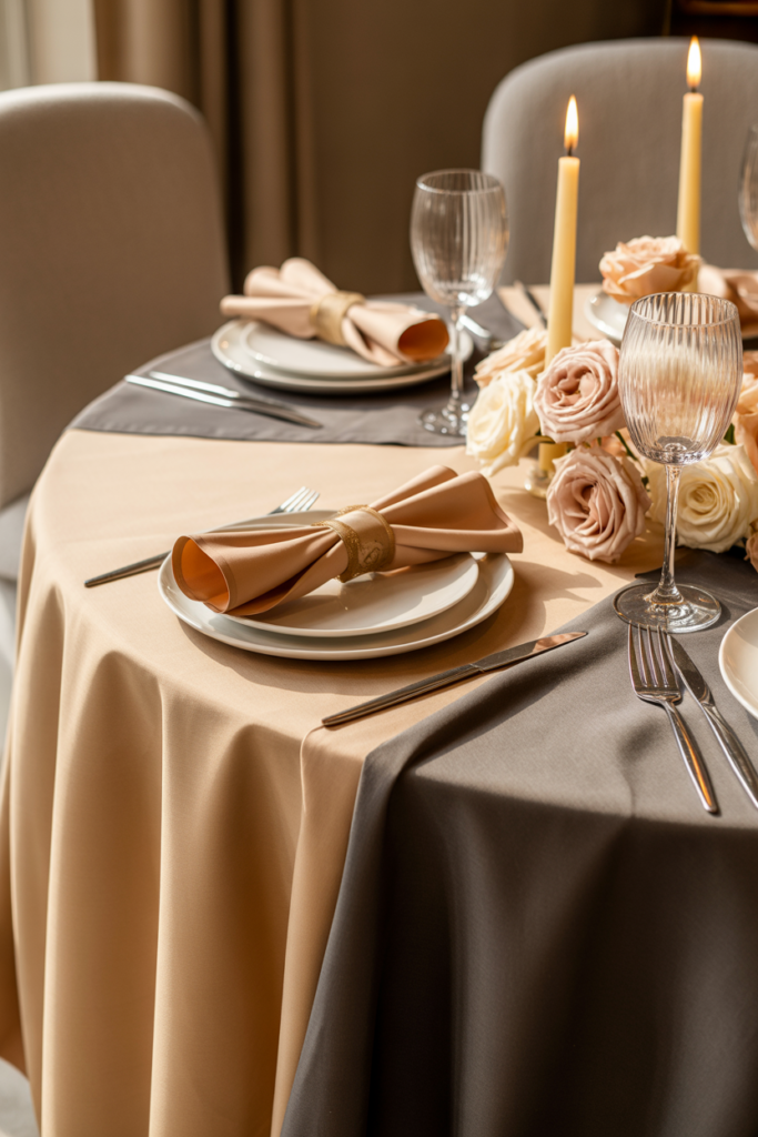 Layered linen valentine table decor with fabric napkins and elegant table styling
