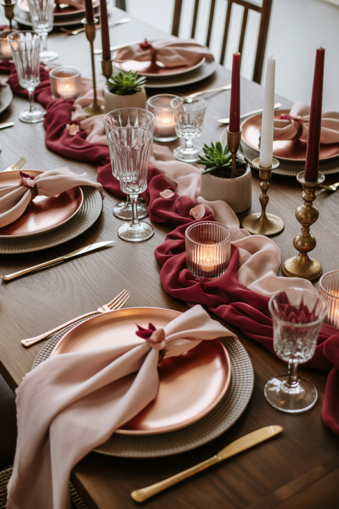 Mixed material valentine table decor ideas with glass wood and fabric elements
