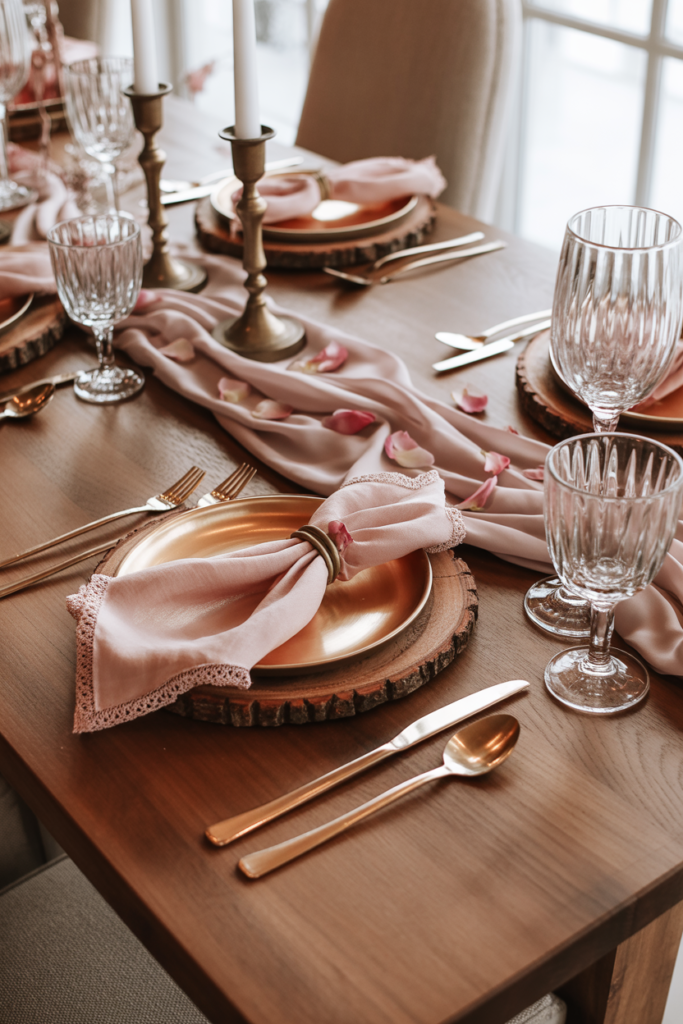 Mixed material valentine table decor ideas with glass wood and fabric elements