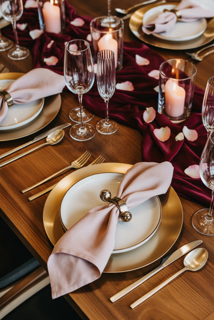 Mixed material valentine table decor ideas with glass wood and fabric elements