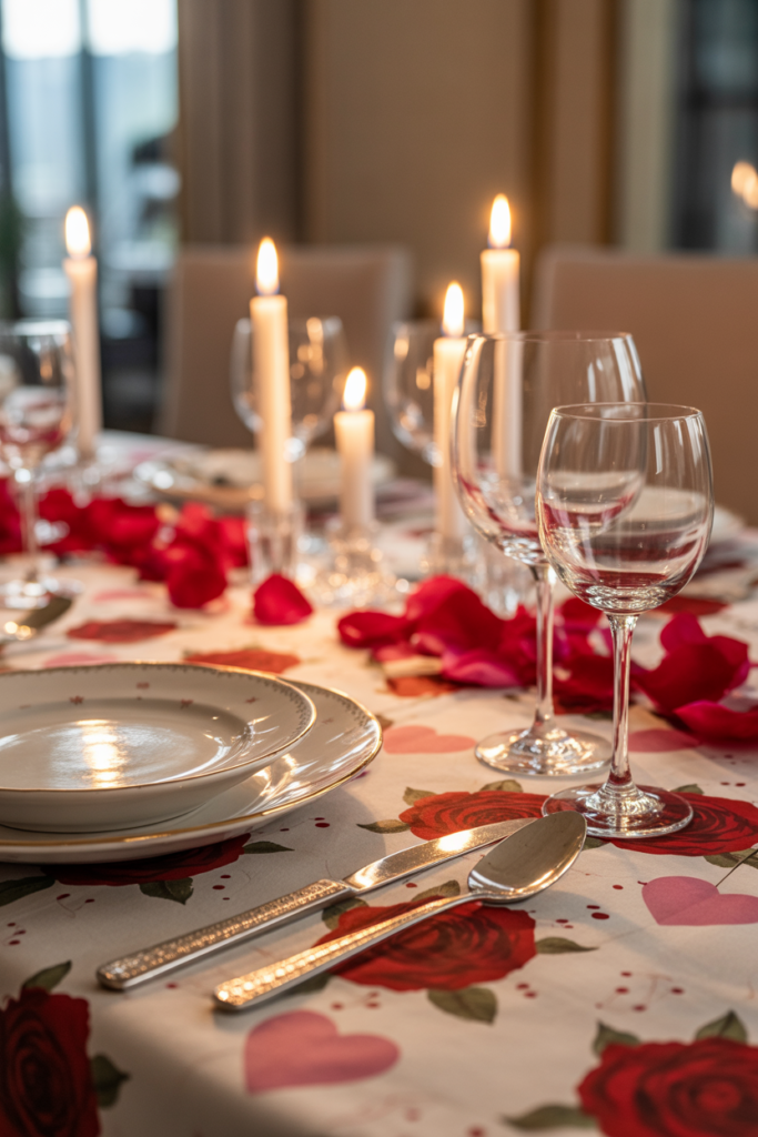 Patterned fabric valentine table decor ideas with elegant table styling