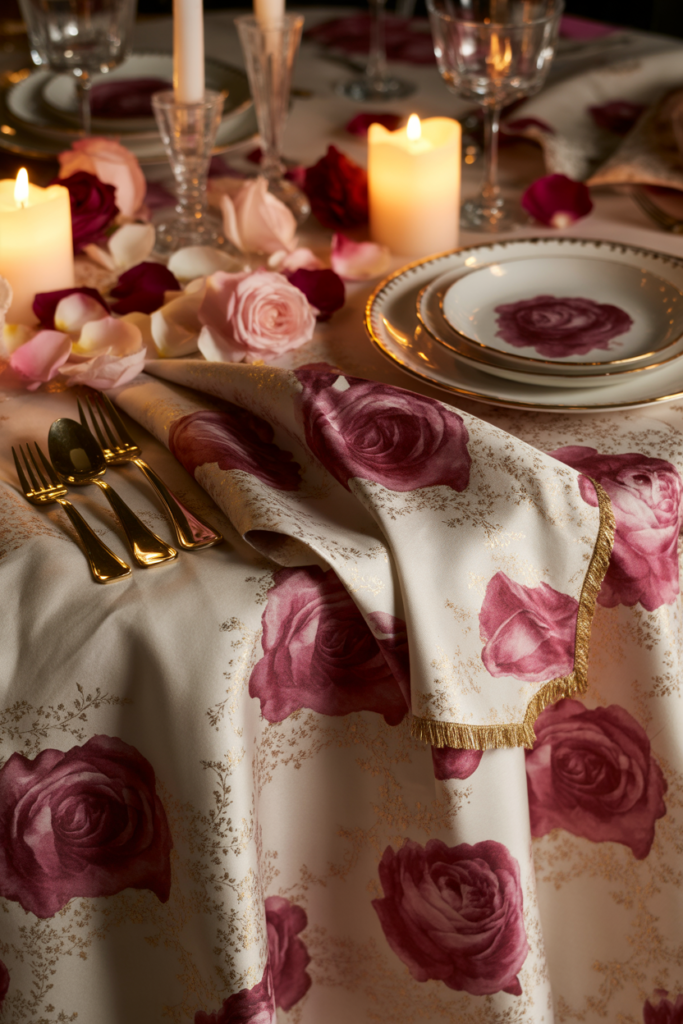 Patterned fabric valentine table decor ideas with elegant table styling
