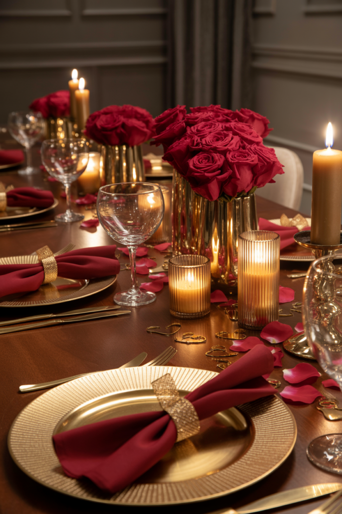 Metallic accent valentine table decor ideas with gold details
