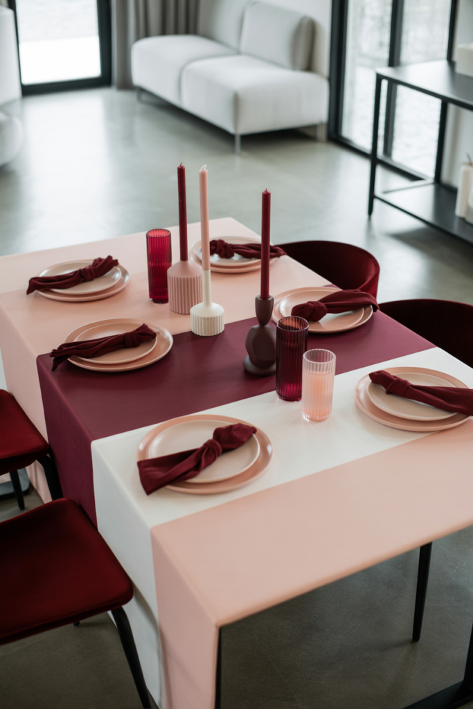 Color blocked valentine table decor ideas with bold coordinated colors