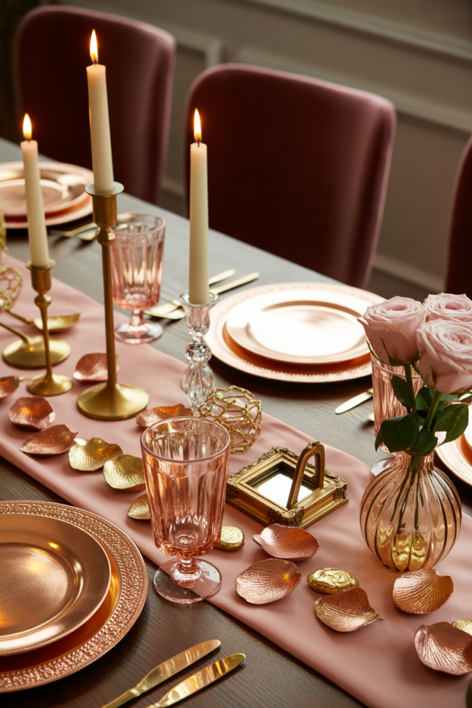 Metallic accent valentine table decor ideas with gold details