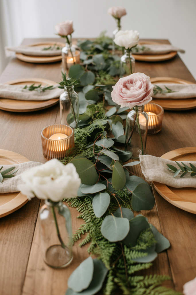 Nature inspired valentine table decor ideas with greenery and wood accents