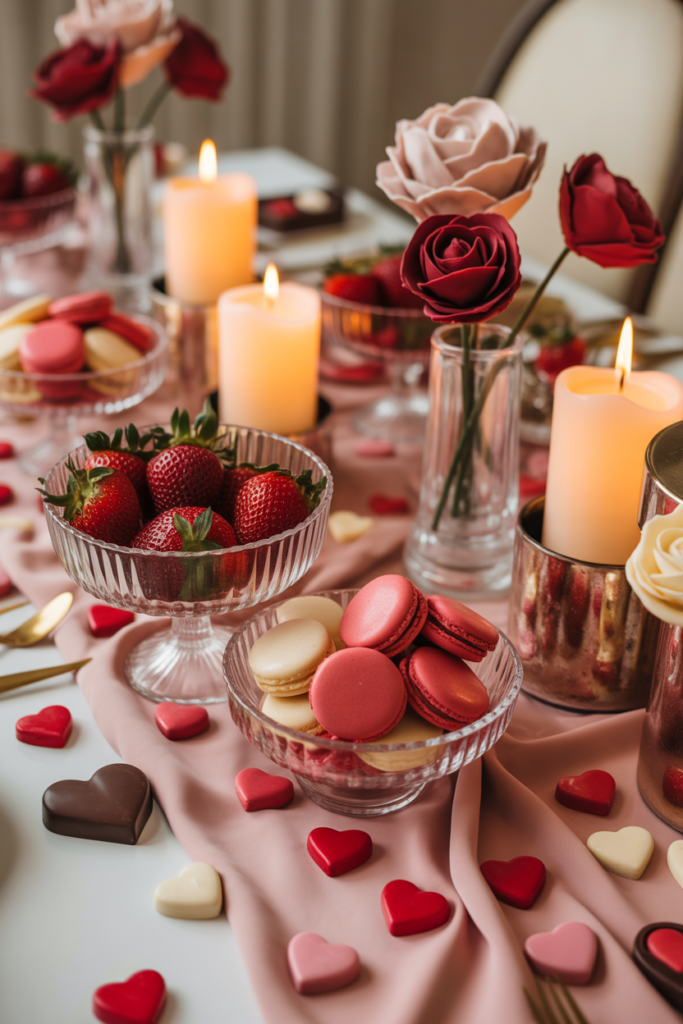 Edible accent valentine table decor ideas with chocolates and sweets