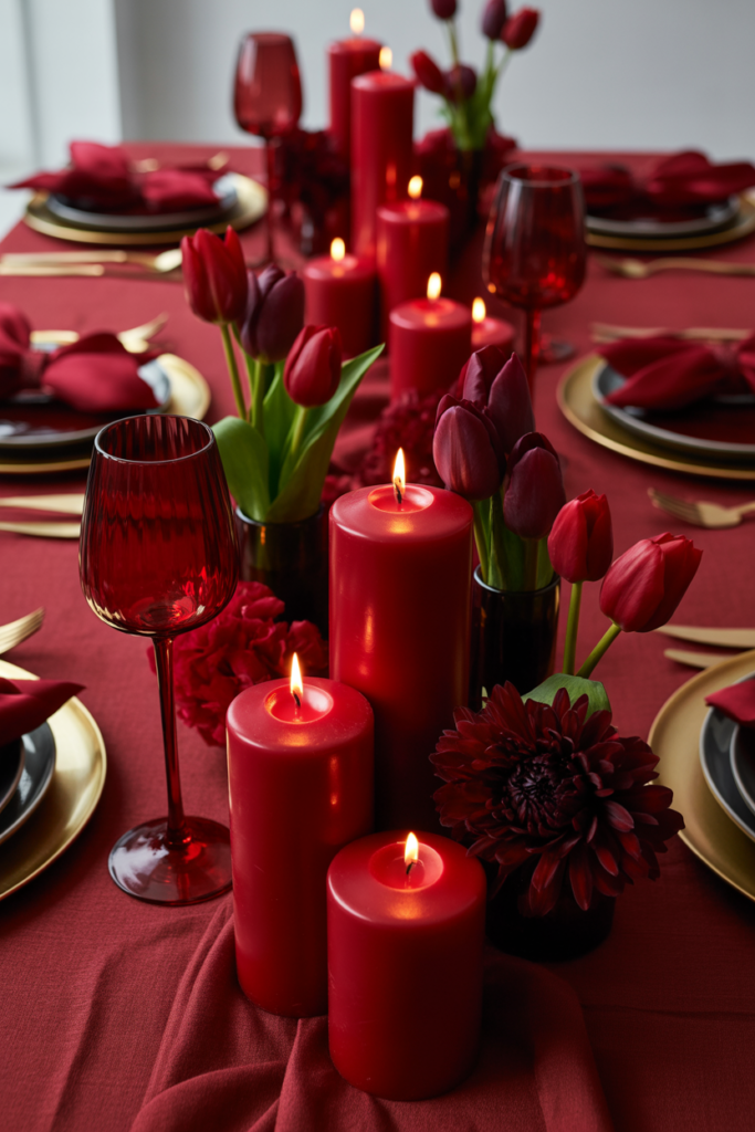 Monochrome red valentine table decor ideas with red linens, candles, and floral accents