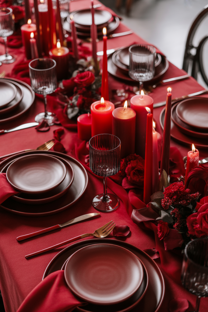 Monochrome red valentine table decor ideas with red linens, candles, and floral accents