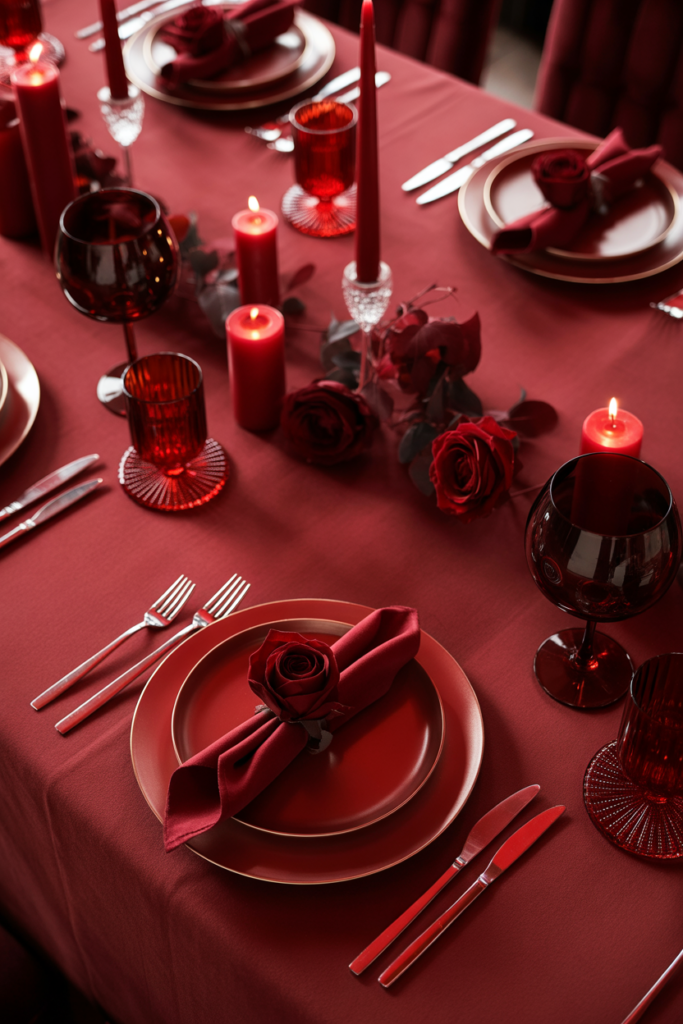 Monochrome red valentine table decor ideas with red linens, candles, and floral accents