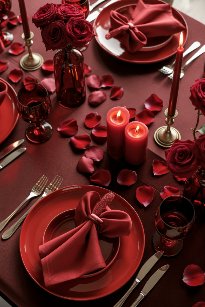 Monochrome red valentine table decor ideas with red linens, candles, and floral accents