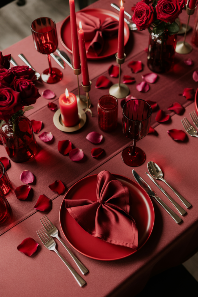 Monochrome red valentine table decor ideas with red linens, candles, and floral accents