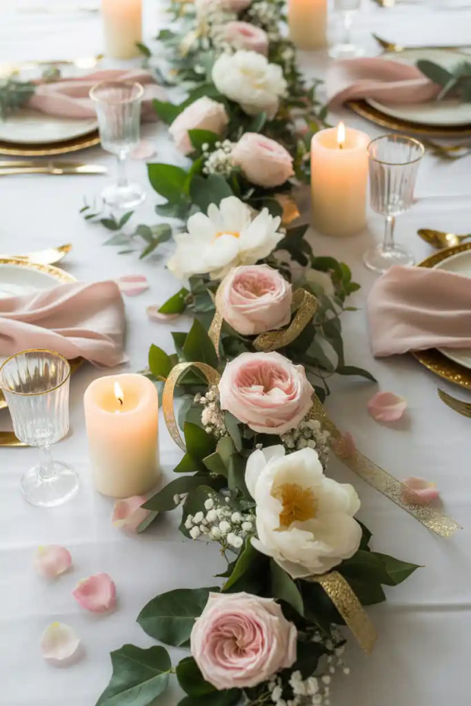 Floral garland valentine table decor with greenery and soft romantic styling