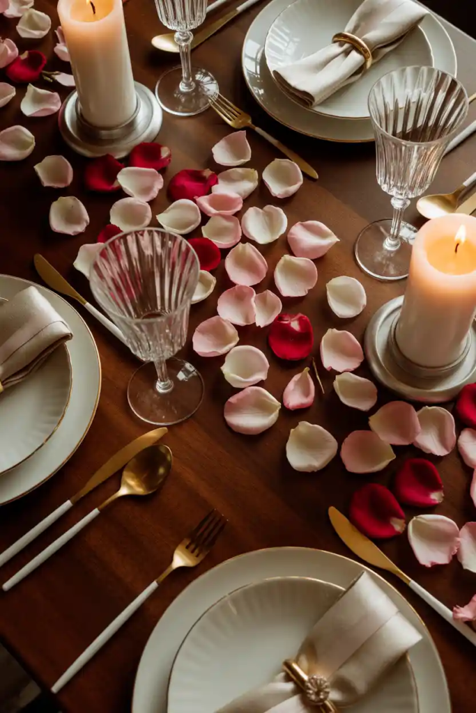 Petal accented valentine table decor ideas for a romantic dining table