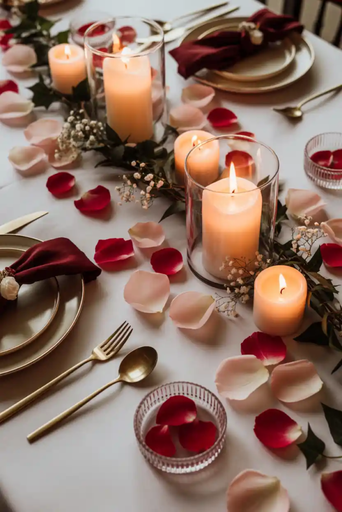 Petal accented valentine table decor ideas for a romantic dining table