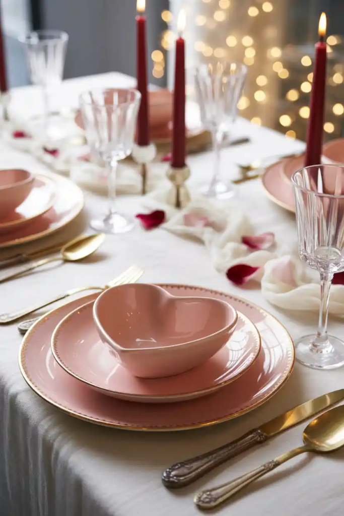 Tableware focused valentine table decor with decorative plates and bowls