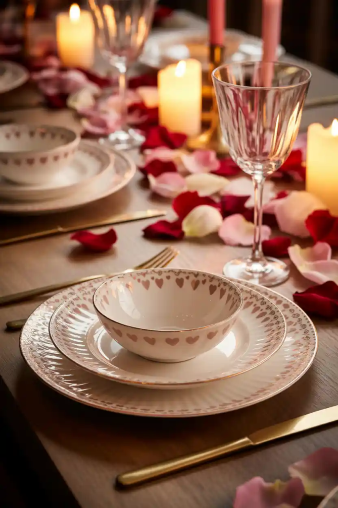 Tableware focused valentine table decor with decorative plates and bowls