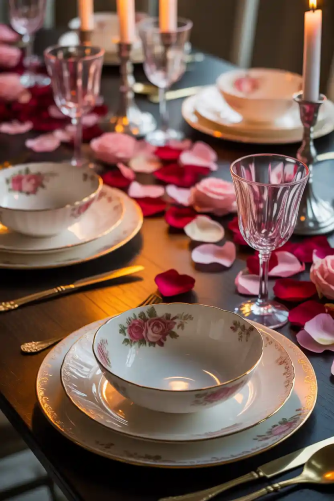 Tableware focused valentine table decor with decorative plates and bowls