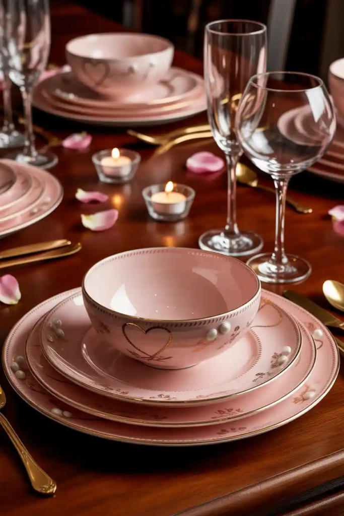 Tableware focused valentine table decor with decorative plates and bowls