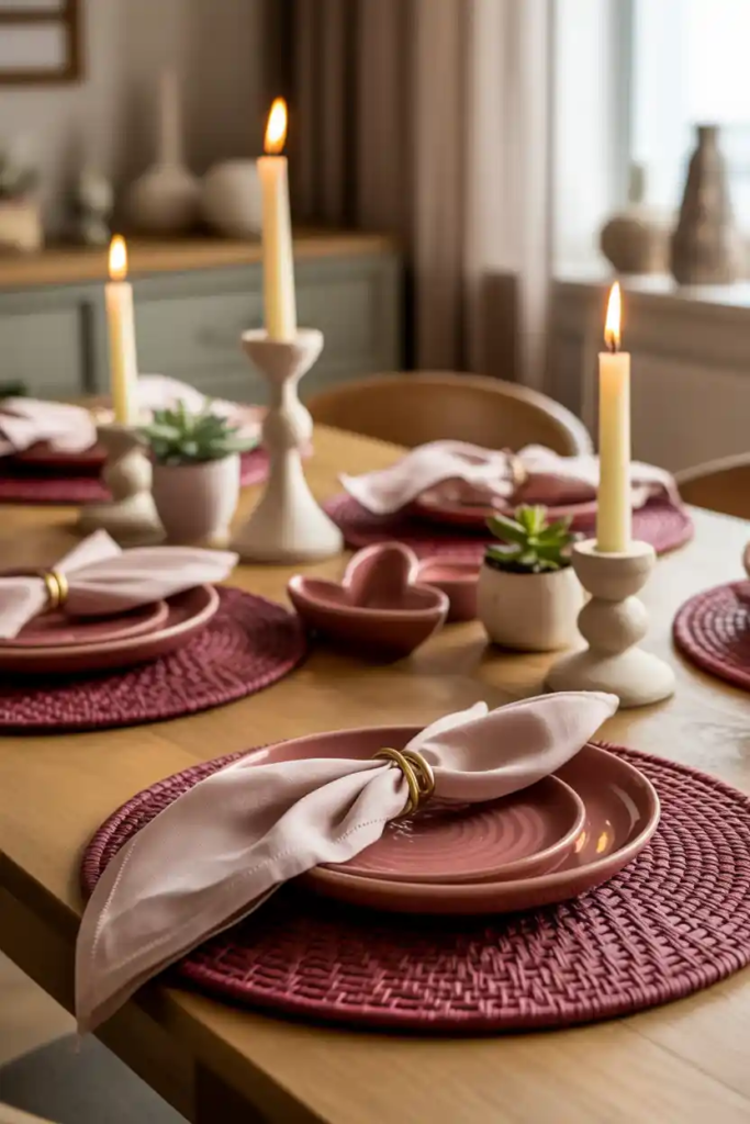 Textured valentine table decor ideas with linen and ceramic elements
