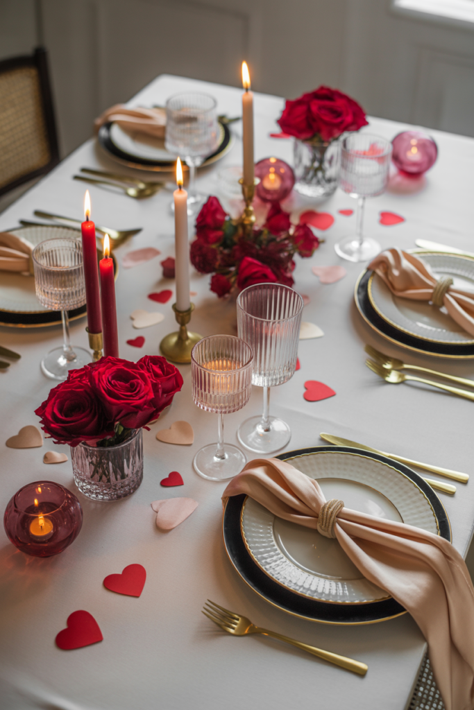 Asymmetrical valentine table decor with modern artistic styling
