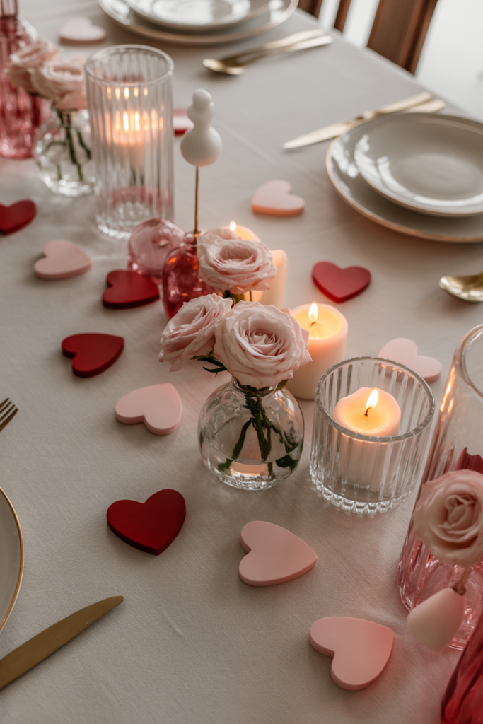Asymmetrical valentine table decor with modern artistic styling