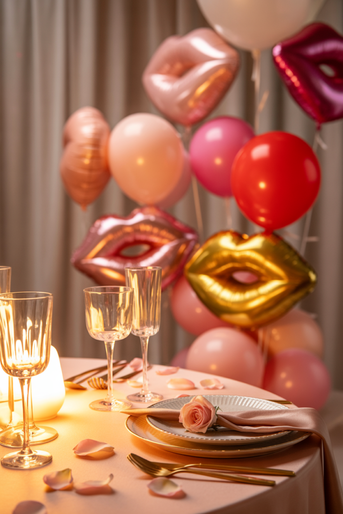 Subtle balloon accent valentine table decor ideas with elegant table styling
