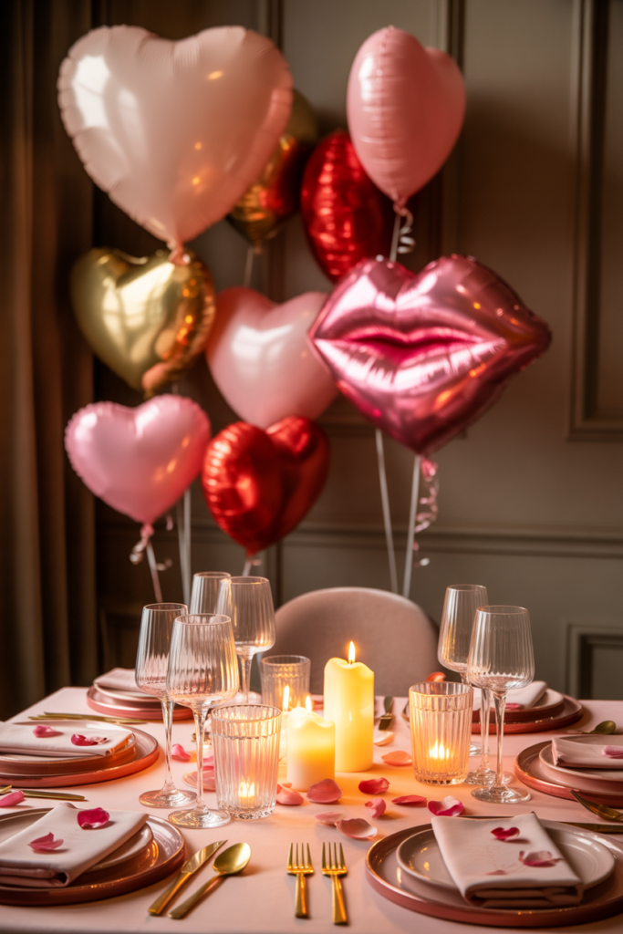 Subtle balloon accent valentine table decor ideas with elegant table styling