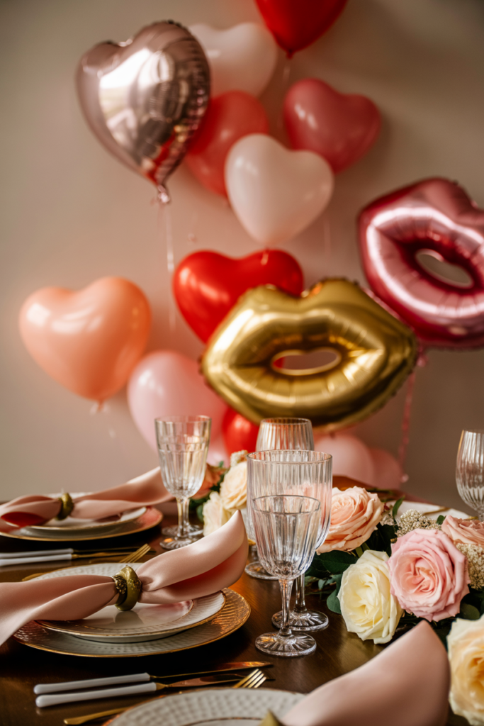 Subtle balloon accent valentine table decor ideas with elegant table styling